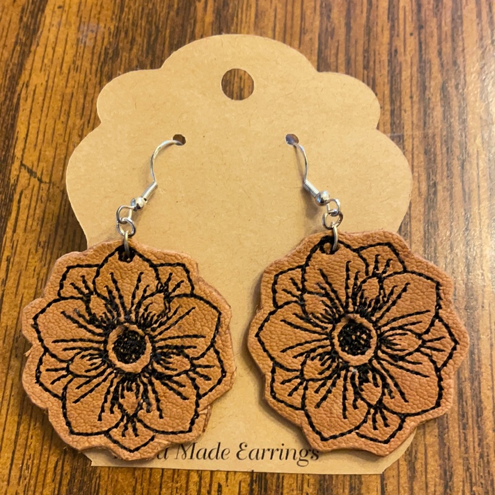 Leather Embroidered Flower Earrings. 1 1/2” diameter. Handmade!